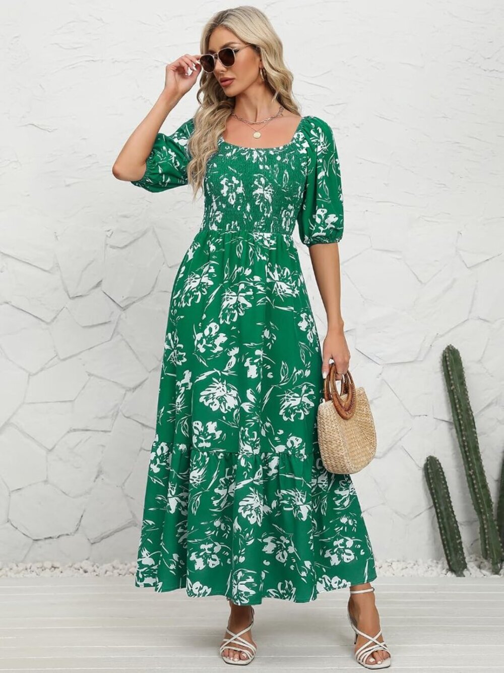 〽️Women's Green Puff Sleeve Square Neck Tiered Ruffle Ankle Length Maxi Dress